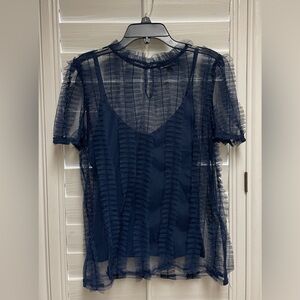 I.N.C. Navy Blue Ruffled Mesh Top with Tank - Size S